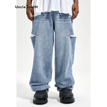 UncleDonJM Vintage Oprana Strani Raztrgala Priložnostne Nepakirana Jeans Modra Y2k Moške Jeans Stiski Vrečasta Kavbojke Prevelik Denim