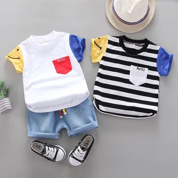 Korejska Različica Baby Kratka Sleeved Oblačila Obleke Poletje Bombaž otroška T-Shirt + Traper Hlače Določa Lep