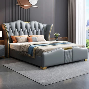 High end svetlobe luksuznega usnja sodobno minimalistično spalnico dvojno kralj posteljo z očesa rdeče masivnega lesa oblazinjeno posteljo