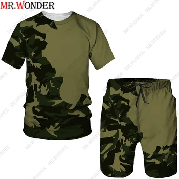 Poletje Moških Priložnostne 2pcs Nastavite Natisnjeni Prikrivanje Vojske Zelena Kratek Rokav T-shirt Hlače Hlače Trenirka Komplet Plus Velikost