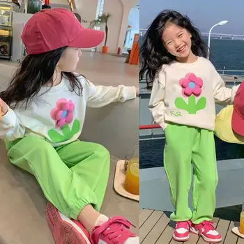 Korejski Otroška Oblačila Spomladi in Jeseni Leta 2023 Določa Nove Za Otroke, 3D Cvetlični Pulover+Hlače, Obleka Za Dekleta Lep Otroci Oblačila Dekle
