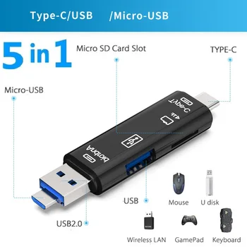 Večfunkcijsko 5 v 1, Usb 2.0 Tip C/Usb /Micro Usb/Tf/SD Memory Card Reader OTG Adapter Card Reader Mobilni Telefon Dodatki