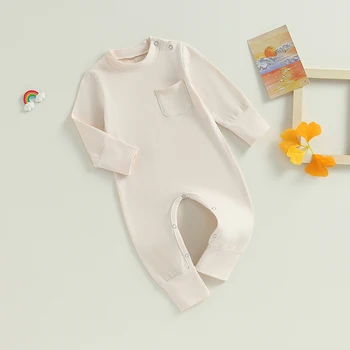 Newborn Baby Dekle Romper Obleke Barva Long Sleeve Majica Jumpsuit z Naprsnem Žepu in Malčke Sodijo Oblačila