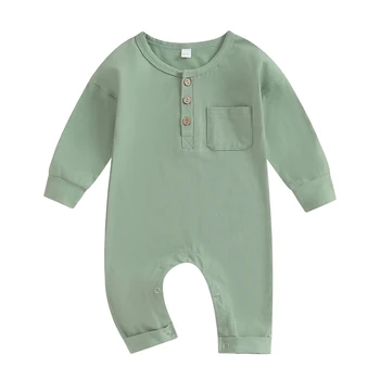 Baby Fantje Dekleta Padec Jumpsuits Long Sleeve Solid Color Gumb Navzdol Footless Igralne Obleke Novorojenčka Pozimi Obleko