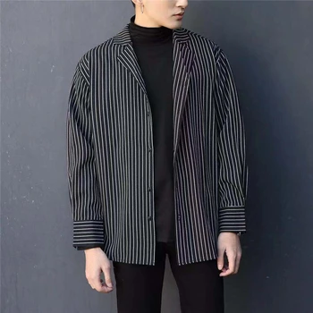 Moška Oblačila Jeseni korejski Prugasta Prevelik Long Sleeve Majica Trendy Priložnostne Ulične Lep Dizajn Vrhovi Camisa Masculina