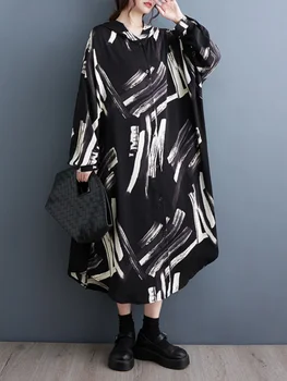 SuperAen Žensk 2023 Jeseni Novi korejski Svoboden Moda Dolg Rokav Natisnjeni Oversize Dolgimi Rokavi Obleka