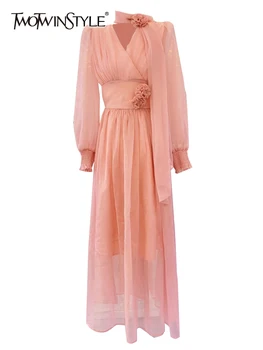 TWOTWINSTYLE Trdna Elegantne Obleke Za Ženske V Vratu Dolg Rokav Visoko Pasu Razrezana Cvetlični Temperament Obleka Ženska Moda 2023
