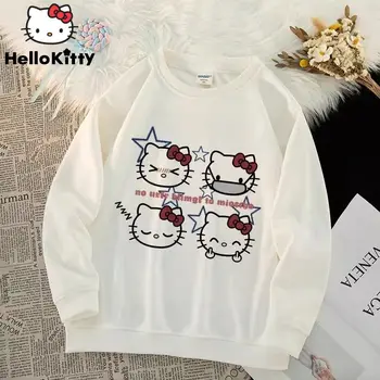Sanrio Hello Kitty Tiskanja Ženske Star Okoli Vratu Majica Novo Y2k Ameriški Street Pari Puloverju Risanka Trend Ohlapnih Oblačil,