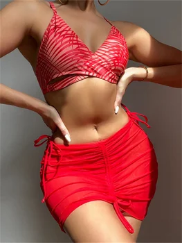 3 Kosov Bikini Komplet s Krilom String Tangice Kopalke 2023 Ženske Seksi Rdeče Liste, Tiskanje Push Up Pleate prikriti Kopalke Plažo