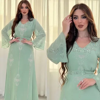 Šifon Muslimanskih Obavijen Obleke Diamanti Abaya Za Ženske Elegantne Večerne Stranka Obleke Split Robom Vestidos Jilbab Maroko Caftan Robe