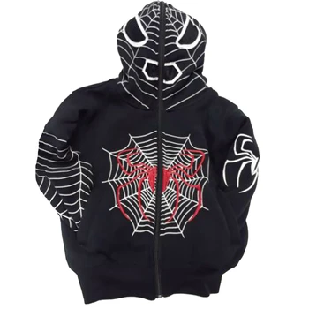 Xingqing Cyber y2k Majica Ženske Spider Web Print Zip Gor Long Sleeve Hooded Vrhovi letu 2000 Gothic Hoodie Halloween Ulične