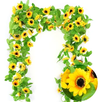 260cm/8.5 ft Umetne Svile, Sončnično Garland Rumena Umetno Cvetje Sunflowe z Zelenimi Listi za Poroko Namizni Dekor