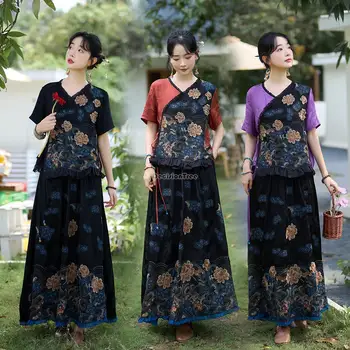 2023 kitajski etnični retro slogu cvet vezenje svoboden proti-vrat kratek rokav kitajski perila, šivanje, oblikovanje ženske bluzo s440