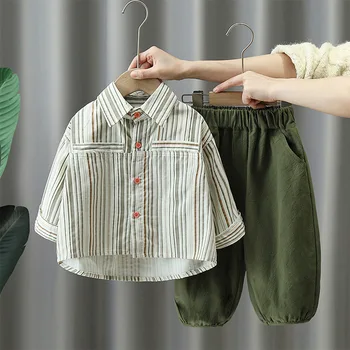 Otrok Pomladi, Jeseni Bombaž Oblačila Sklop za Fante 2023 Novo Modno Črtasto Majico+Tovora Hlače Obleko, dvodelno, Otroci Obleke